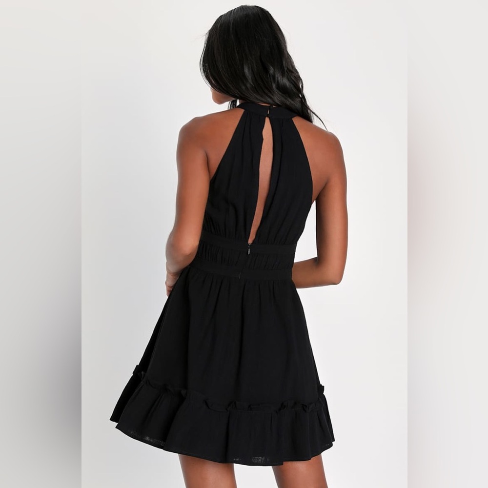 LULUS Dress Womens Medium Black Linen Blend Roman Reverie Halter Mini Ruffle New - Picture 10 of 10